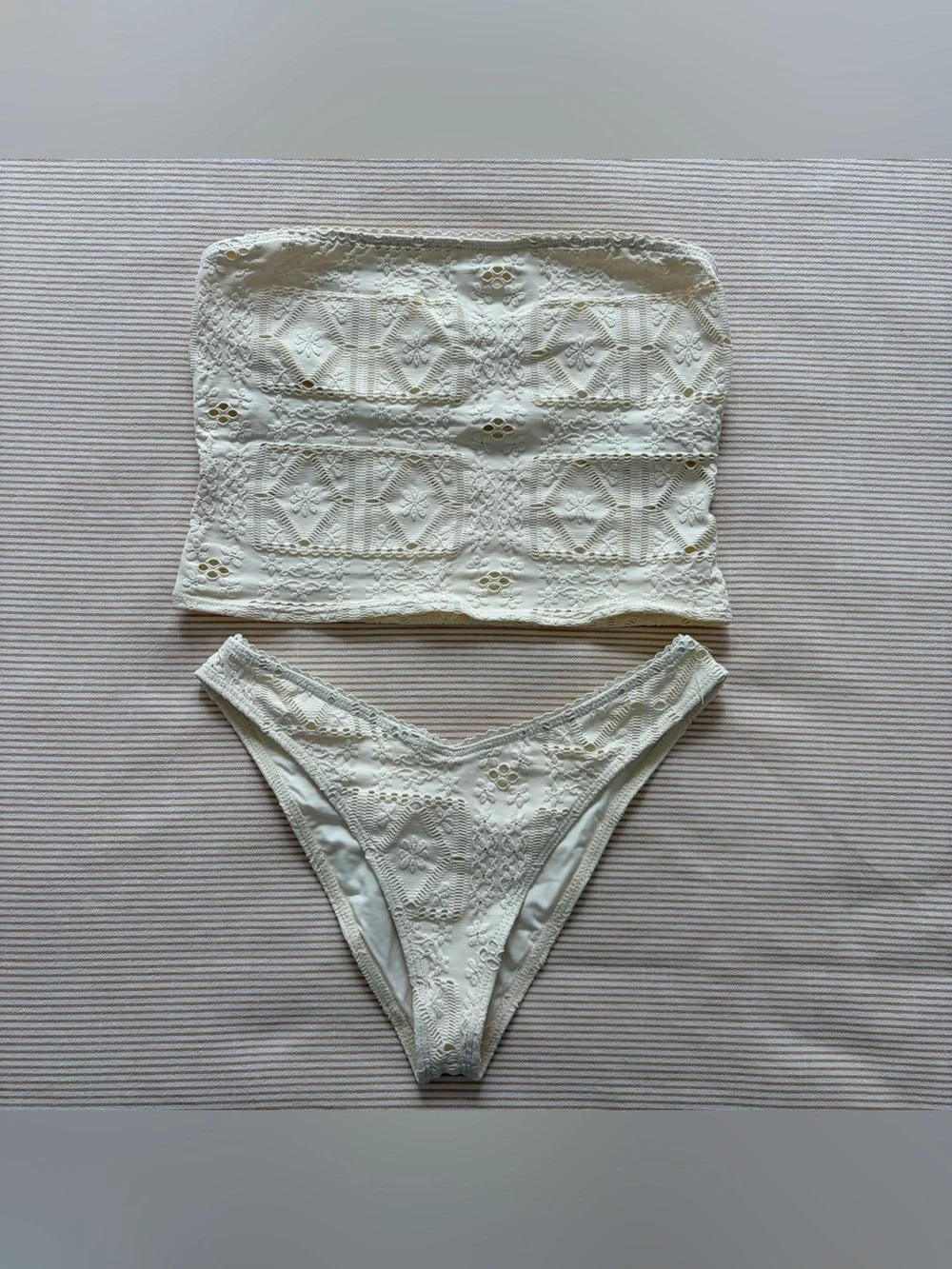 Frankie’s Bikinis Patchwork Enzo Cheeky Bikini Bottom and Top Set in Angel Dust